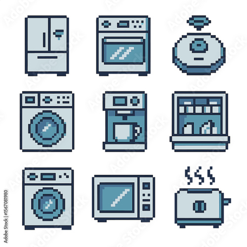 Smart Home Pixel Icons. Pixel art icon set of smart appliances integration: connected fridge, smart oven, robotic vacuum,