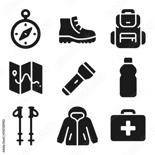 Hiking Essentials Icons. Solid, filled icon set of hiking essentials: compass, boots, backpack, map, flashlight, water bottle,