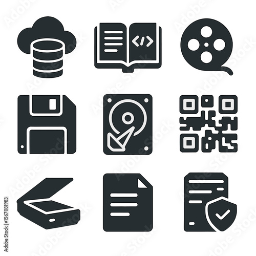 Digital Archiving Icons. Solid, filled icons set of digital heritage archiving: cloud database, digitized book