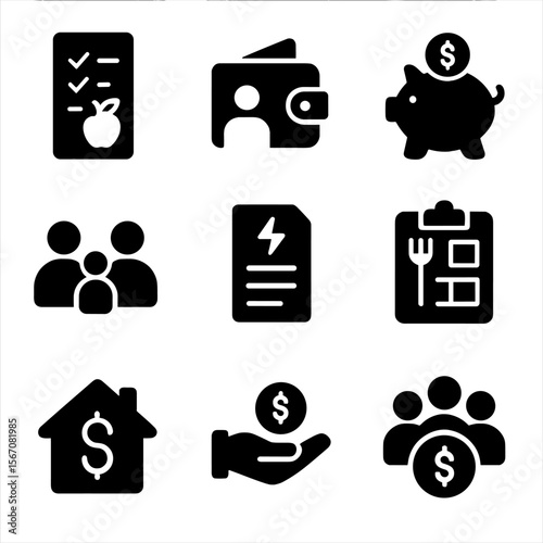 Family Budget Icons. Solid, filled icon set of family budgeting: grocery list, shared wallet, kid’s piggy bank, family icon,