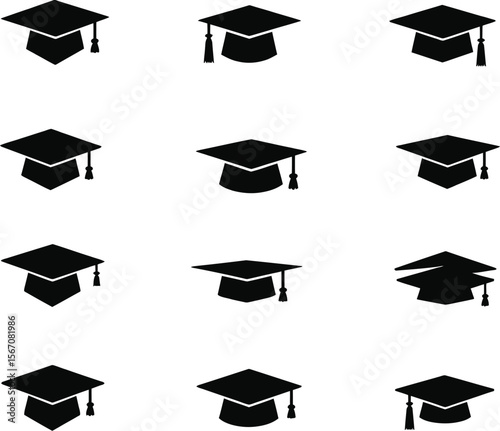 Nine graduation cap silhouettes academic success symbols