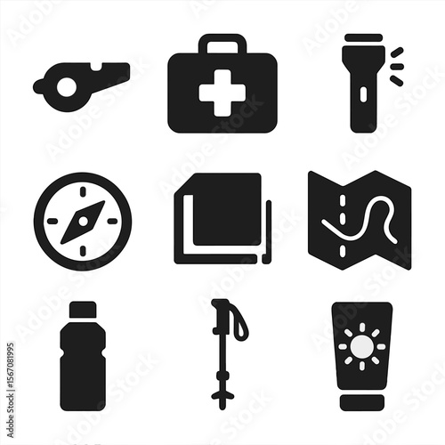 Hiking Safety Icons. Solid, filled icon set of hiking safety items: whistle, first aid kit, flashlight, compass, emergency blanket