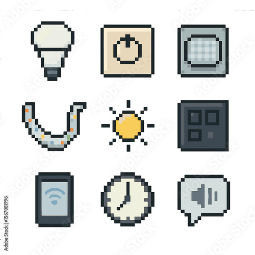 Smart Lighting Pixel Icons. Pixel art icon set of smart lighting systems: smart bulb, dimmer switch, motion sensor, color LED