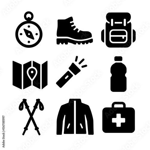 Hiking Essentials Icons. Solid, filled icon set of hiking essentials: compass, boots, backpack, map, flashlight, water bottle,