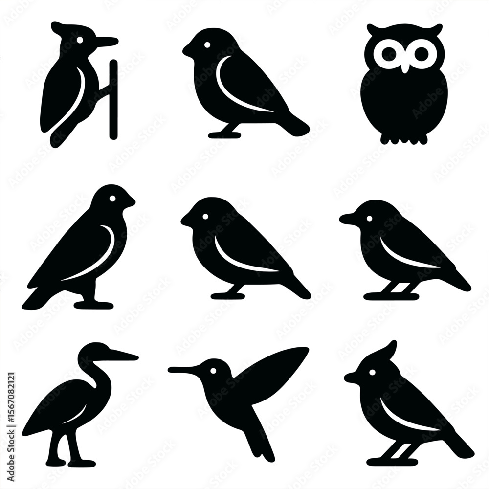 Obraz premium Forest Bird Icons. Solid, filled icon set of forest birds: woodpecker, sparrow, owl, hawk, finch, warbler, heron, hummingbird, jay