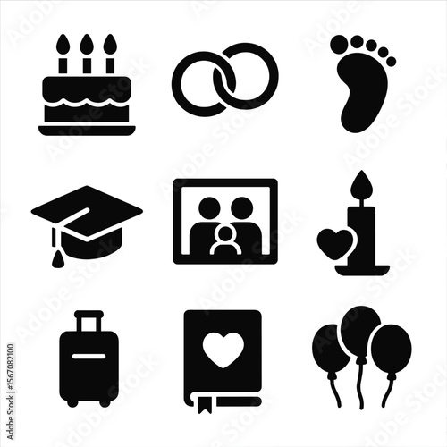 Family Memories Icons. Solid, filled icon set of family memories capture: birthday cake, wedding rings, baby footprint, graduation