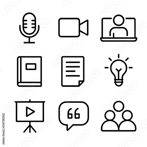 Content Creation Icons. Outline icon set of thought leadership and content creation: microphone podcast icon, video camera