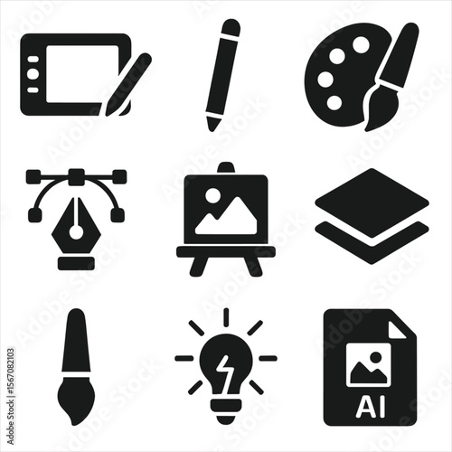 Digital Art Tools. Solid, filled icons set of creating digital art: digital tablet, stylus pen, color palette,