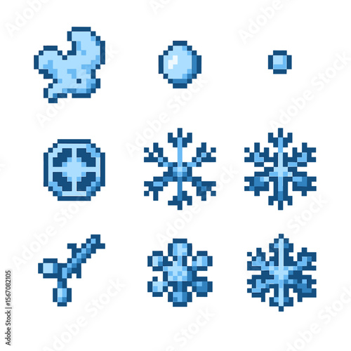Snowflake Formation Icons. Pixel art icon set of snowflake formation process: water vapor plume, supercooled droplet, nucleation