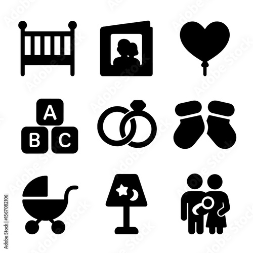 Family Life Icons. Solid, filled icon set of family life beginnings: baby crib, photo album, heart balloon, toy blocks, wedding