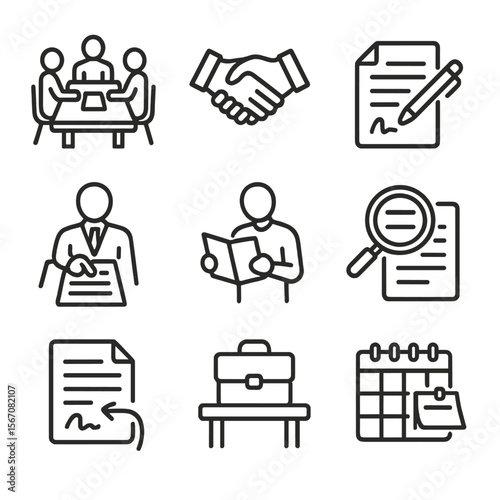 Contract Negotiation Icons. Outline icon set of contract negotiation sessions: negotiation table with documents, handshake over