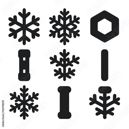 Snowflake Icon Grid. Solid, Filled icon set of snowflake shapes: simple flake, stellar dendrite, sectored plate, fernlike crystal,
