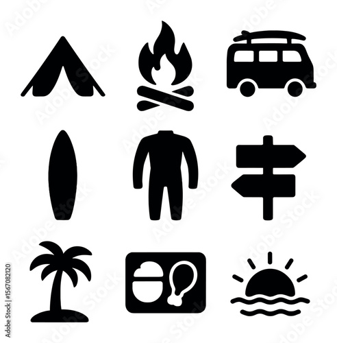 Surf Camp Icons. Solid, filled icons set of surf camp: surf tent, campfire, surf van, surfboard, wetsuit,