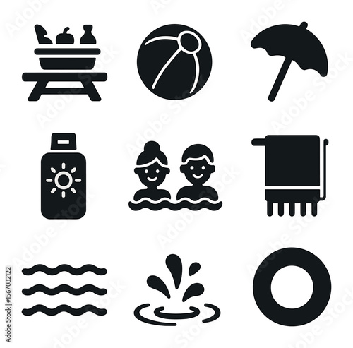 Family Water Day Icons. Solid, filled icons set of family water day: picnic, beach ball, float ring, umbrella,