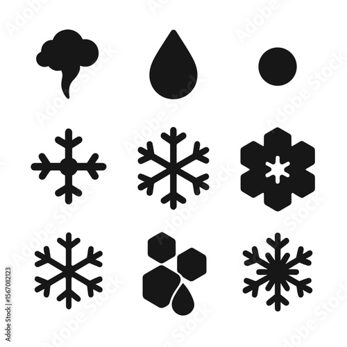 Snowflake Formation Icons. Solid, Filled icon set of snowflake formation process: water vapor plume, supercooled droplet,