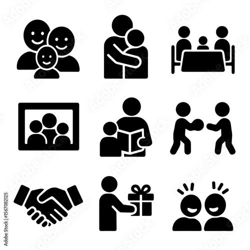 Family Moments Icons. Solid, filled icon set of family moments: smiling faces, hugging hands, shared meal, photo frame,