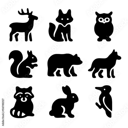 Forest Animal Icons. Solid, filled icon set of forest animals: deer, fox, owl, squirrel, bear, wolf, raccoon, rabbit, woodpecker.