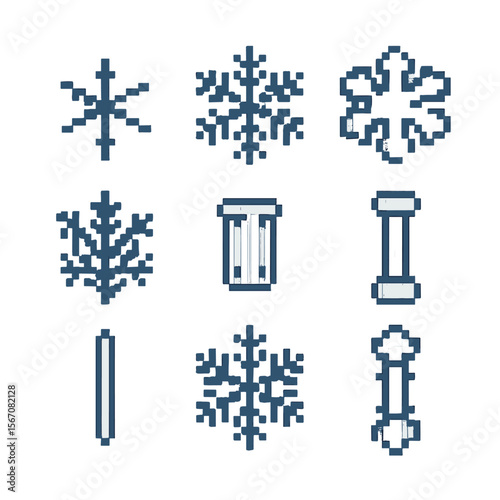 Snowflake Icon Set. Pixel art icon set of snowflake shapes: simple flake, stellar dendrite, sectored plate, fernlike crystal,