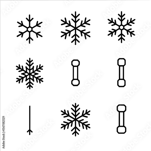 Snowflake Icon Set. Outline icon set of snowflake shapes: simple flake, stellar dendrite, sectored plate, fernlike crystal, hollow