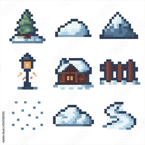 Snowy Pixel Landscapes. Pixel art icon set of snowfall landscapes: pine tree, snowdrift mound, mountain peak, streetlamp glow,