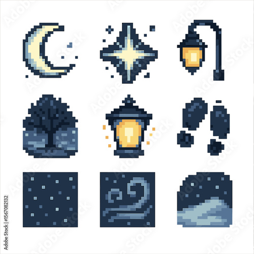 Snowy Night Icon Set. Pixel art icon set of nighttime snow scenes: crescent moon, shining star, streetlight, tree silhouette,