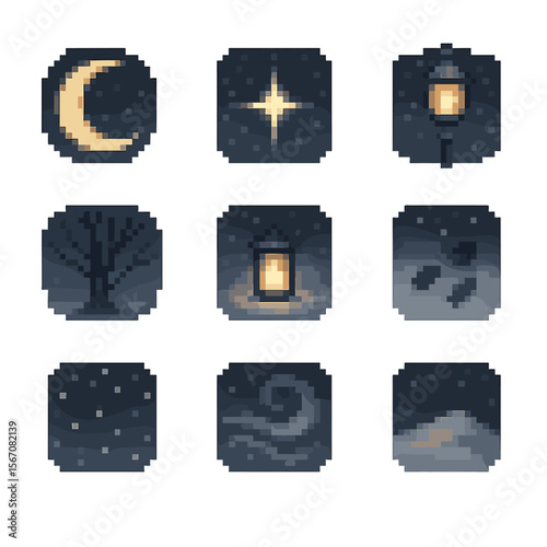 Snowy Night Icon Set. Pixel art icon set of nighttime snow scenes: crescent moon, shining star, streetlight, tree silhouette,