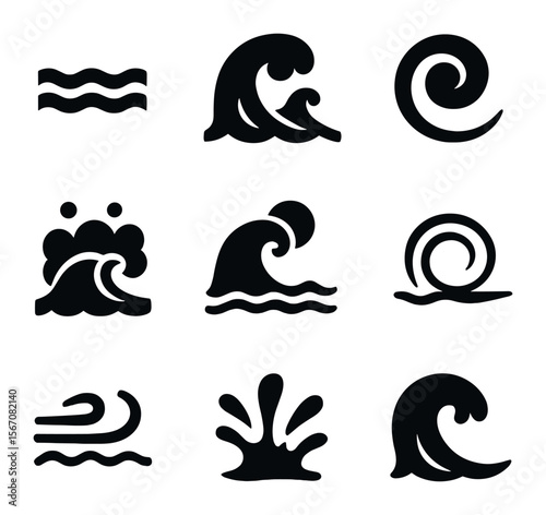 Wave Icon Grid. Solid, filled icons set of wave patterns: small wave, crashing wave, swirl icon, foam icon,
