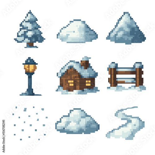 Snowy Pixel Landscapes. Pixel art icon set of snowfall landscapes: pine tree, snowdrift mound, mountain peak, streetlamp glow,