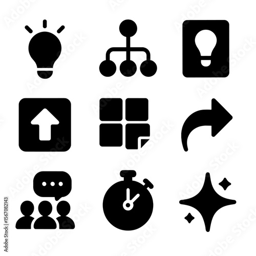 Digital Brainstorming Icons. Solid, filled icons set of digital brainstorming sessions: lightbulb, mind map,