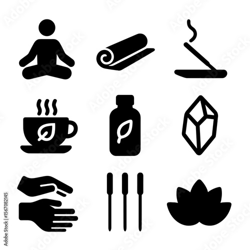 Holistic Wellness Icons. Solid, filled icon set of holistic wellness practices: meditation pose, yoga mat, incense stick, herbal
