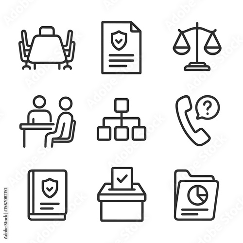 Corporate Governance Icons. Outline icon set of corporate governance counseling: boardroom table with chair silhouettes,