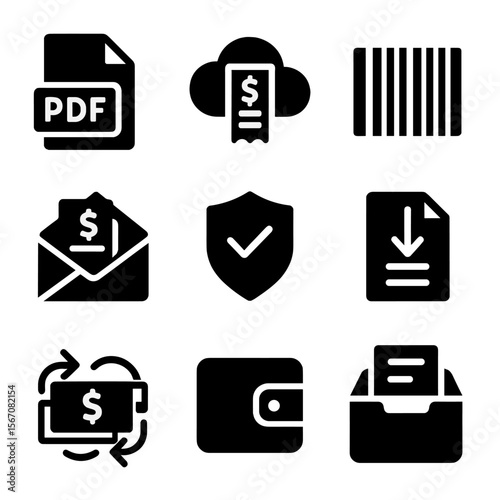 Digital Billing Icons. Solid, filled icons set of digital billing systems: PDF file, cloud invoice, barcode,