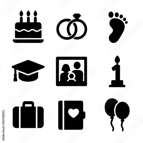 Family Memories Icons. Solid, filled icon set of family memories capture: birthday cake, wedding rings, baby footprint, graduation