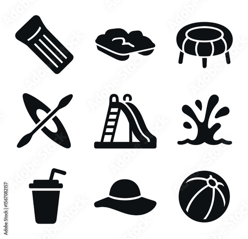 Water Recreation Icons. Solid, filled icons set of water recreation: inflatable float, paddleboat, water