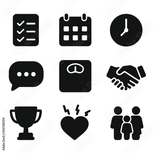 Family Pressure Icons. Solid, filled icon set of family expectations and pressures: checklist, calendar, clock, speech bubble,