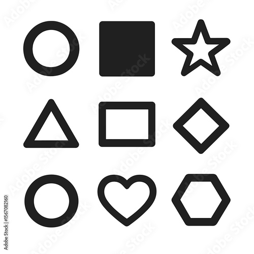 Hollow Shape Icons. Solid, filled icon set of hollow shapes: empty circle, hollow square, outline star, void triangle, open
