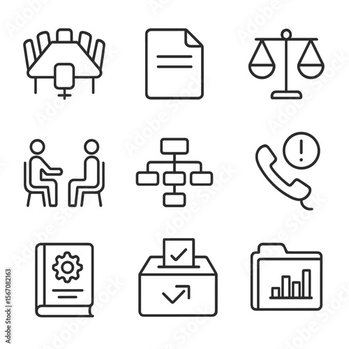 Corporate Governance Icons. Outline icon set of corporate governance counseling: boardroom table with chair silhouettes,