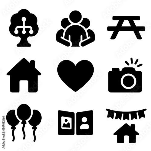 Family Reunion Icons. Solid, filled icon set of family reunion celebration: family tree, group hug, picnic table, welcome banner,