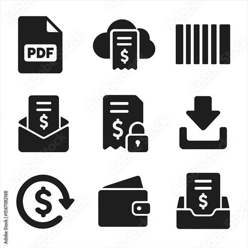 Digital Billing Icons. Solid, filled icons set of digital billing systems: PDF file, cloud invoice, barcode,