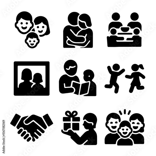 Family Moments Icons. Solid, filled icon set of family moments: smiling faces, hugging hands, shared meal, photo frame,