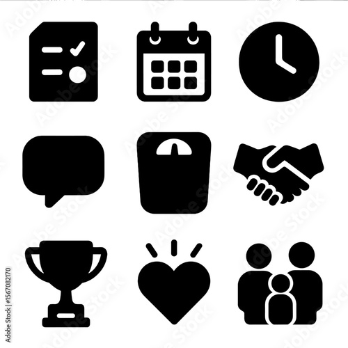 Family Pressure Icons. Solid, filled icon set of family expectations and pressures: checklist, calendar, clock, speech bubble,