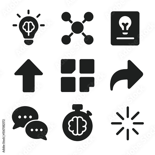 Digital Brainstorming Icons. Solid, filled icons set of digital brainstorming sessions: lightbulb, mind map,