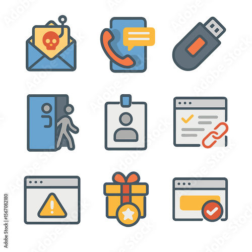 Social Engineering Icons. Flat icon set of social engineering tests: phishing email, phone pretext script, bait USB drive,