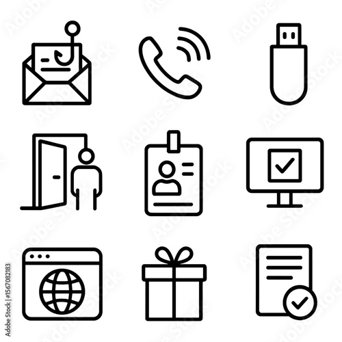 Social Engineering Icon Set. Outline icon set of social engineering tests: phishing email, phone pretext script, bait USB drive,
