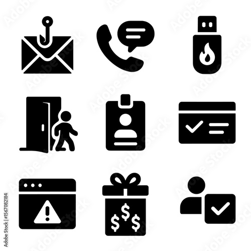 Social Engineering Icons. Solid, Filled icon set of social engineering tests: phishing email, phone pretext script, bait USB drive
