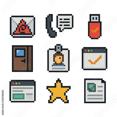Social Engineering Icons. Pixel art icon set of social engineering tests: phishing email, phone pretext script, bait USB drive,