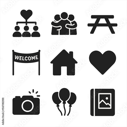 Family Reunion Icons. Solid, filled icon set of family reunion celebration: family tree, group hug, picnic table, welcome banner,