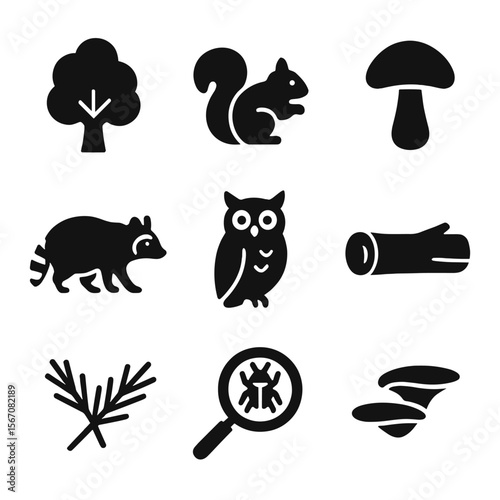 Forest Icon Grid. Solid, filled icon set of forest ecosystem displays: tree model, squirrel, mushroom, raccoon, owl, fallen log,