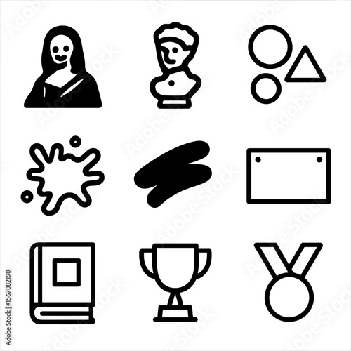 Famous Artwork Icons. Solid, filled icon set of famous artworks and symbols: Mona Lisa, sculpture bust, abstract shapes, paint