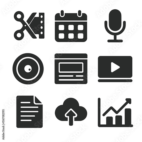 Digital Creation Icons. Solid, filled icons set of digital content creation services: video editing tool,